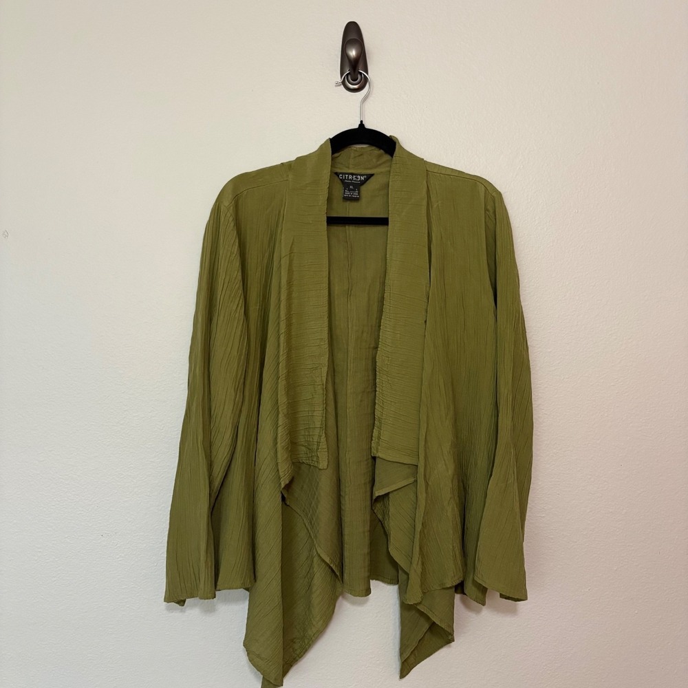 Citron Santa Monica Silk Cotton Crinkle Open Front Jacket Green XL Lagenlook Art